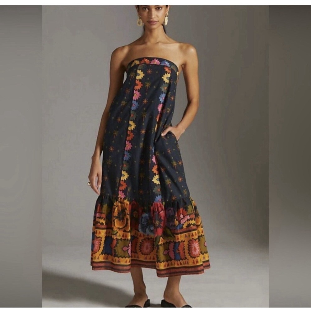 Petite FARM Rio Black Strapless Floral Border Maxi Dress Orange & Pink Medium